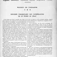 0424 - Page 417 - Partie professionnelle, Hygiène, Assistance, Mutualité, Intérêts corporatifs, Variétés. Bulletin de l’Actualité. Quelques commentaires sur l’interpellation du 20 février au sénat