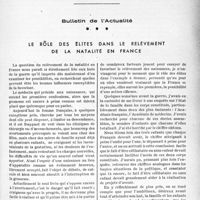 0468 - Page 461 - Partie professionnelle, Hygiène, Assistance, Mutualité, Intérêts corporatifs, Variétés. Bulletin de l’Actualité. Le rôle des élites dans le relèvement de la natalité en France
