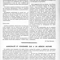 0472 - Page 465 - Partie professionnelle, Hygiène, Assistance, Mutualité, Intérêts corporatifs, Variétés. Bulletin de l’Actualité. Médecins mobilisés et assurances sociales / Municipalité et honoraires dus à un médecin militaire