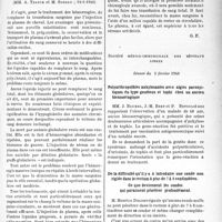 0552 - Page 545 - Partie scientifique. L'actualité scientifique. Les Sociétés Savantes. Paris. Société médicale des hôpitaux de Paris. Sang total ou plasma, (19-1-1940) / Société médico-chirurgicale des hôpitaux libres, Séance du 3 février 1940. Polyarthropathies ankylosantes avec algies paroxystiques du type goutteux et tophi chez un ancien blennorragique / De la difficulté qu’il y a à introduire une sonde non rigide dans le rectum à plus de 7 à 8 centimètres. Ce que deviennent les sondes qui paraissent pénétrer profondément