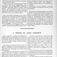0594 - Page 587 - Partie scientifique. Travaux originaux. Les résultats cliniques et sociaux de la malariathérapie au cours de la paralysie générale, Docteur Raoul Bernard / A propos du sang conservé