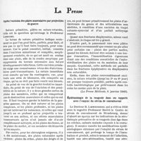 0600 - Page 593 - Partie scientifique. L'actualité scientifique. La Presse. Après l’excision des plaies musculaires par projectiles de guerre [(La Presse Médicale, 6 janvier 1940)] / Épidémiologie de la rougeole dans ses rapports avec l’emploi du sérum de convalescent [(Journal de Médecine de Paris, 10 janvier 1940)]