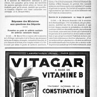 0630 - Page IX-623 - Dernières nouvelles. Réponse d’un Ministre à la question d’un Sénateur. Dispositions prises en faveur des étudiants en médecine mobilisés / Réponses des Ministres aux questions des Députés. Promotion au grade de médecin auxiliaire des médecins naturalisés français / Exercice de la propharmacie en temps de guerre