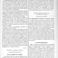 0644 - Page 637 - Partie scientifique. L’actualité scientifique. Les Sociétés Savantes. Paris. Société médicale des hôpitaux de Paris. Un cas de spirochétose ictéro-hémorragique, ayant débuté par une paraplégie flasque, (12-1-1940) / Société de médecine de Paris, Séance du 24 février 1940. Sur la curabilité de la syphilis / Les injections sclérosantes à la portée de tous les praticiens / Société médico-chirurgicale des hôpitaux libres, Séance du 4 mars 1940. Sur l’appareillage des fractures en temps de guerre / L’or métal thérapeutique