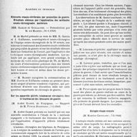 0739 - Page 732 - Partie scientifique. L’actualité scientifique. Les Sociétés Savantes. Paris. Académie de chirurgie. Blessures cranio-cérébrales par projectiles de guerre. Résultats obtenus par l’application des méthodes neuro-chirurgicales modernes, (31-1-1940) / Sur les appareils plâtrés totalement circulaires dans le traitement des blessures de guerre, (7-2-1940) / Ectopie rénale croisée, (7-2-1940)