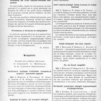 0741 - Page 734 - Partie scientifique. L’actualité scientifique. Les Sociétés Savantes. Paris. Réunion médico-chirurgicale de la XVe Région militaire, Séance du 20 janvier 1940. Syndrome de Landry à évolution favorable accélérée / Paralysie de l’hémiabdomen gauche avec pseudoéventration par lésion funiculo-vertébrale traumatique / Présentation et discussion de radiographies / Montpellier. Société des sciences médicales et biologiques de Montpellier et du Languedoc méditerranéen. Insuffisance cardiaque irréductible cliniquement primitive : myocardite suppurée / Syndrome de Landry par neuronite subaiguë ; étude anatomo-clinique / Ictère catarral prolongé. Action heureuse du tubage duodénal / Pelade décalvante chez deux jumelles / Un cas d’acné conglobée / Encéphalite psychosique subaiguë hyperazotémique et hyperglycémique