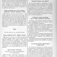0742 - Page 735 - Partie scientifique. L’actualité scientifique. Les Sociétés Savantes. Montpellier. Société des sciences médicales et biologiques de Montpellier et du Languedoc méditerranéen. Les effets anglosympathiques chez les hypertendus d’un composé mixte de chlorure d’acétylcholine et de phényl-glycolate de papavérine / Myélite névraxitique grave avec syndrome hypophysaire important rapidement curable / Lille. Société médicale et anatomo-clinique. Tumeur médullaire dorsale ; ablation, guérison / Monstre épicome coelosomien / Sur le diagnostic d’infarctus du myocarde. Valeur des signes électriques et électrocardiographiques. Syndrome d’infarctus sans infarctus / L’épreuve du régime hypotoxique dans le coryza spasmodique apériodique / Un nouveau procédé radiochirurgical en salle éclairée