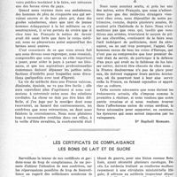 0923 - Page 906 - Partie professionnelle, Hygiène, Assistance, Mutualité, Intérêts Corporatifs, Variétés. Bulletin de l’actualité. Paroles de retour / Les certificats de complaisance les bons de lait et de sucre