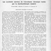 0948 - Page 929 - Partie scientifique. Travaux originaux. La clinique au gout du jour. Les accidents nerveux de l’alcoolisme chronique traités par la strychnothérapie massive, d’après MM. J. Decourt, P. Sivadon et J. Chaillet. Indications, technique et posologie