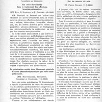 1105 - Page 1082 - Partie scientifique. L’actualité professionnelle. Les Sociétés Savantes. Paris. Académie de Médecine. Les micro-brouillards dans le traitement des affections broncho-pulmonaires, (4-6-1940) / La pénétration rapide dans l’économie générale d’agents pharmacodynamiques par voie transpulmonaire, (11-6-1940). Sur les cancers du sein, (21-5-1940)