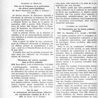 1147 - Page 1124 - Partie scientifique. L’actualité scientifique. Les Sociétés Savantes. Paris. Académie de Médecine. Note sur la fréquence de la perforation des ulcères gastro-duodénaux, (9-7-1940) / Thrombose des artères carotides dans la fièvre typhoïde (MM. Egas Moniz, Loff et Imaginario;, (4-6-1940) / Sur un essai de prémunition anti-tuberculeuse collective par scarifications cutanées de B. C. G, (18-6-1940) / Académie de chirurgie. De l’intoxication par les hautes pressions d’oxygène, (9-3-1940)