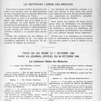1148 - Page 1125 - Partie professionnelle, Hygiène, Assistance, Mutualité, Intérêts Corporatifs, Variétés. Loi instituant l'ordre des médecins. Texte de loi signé le 7 octobre 1940 paru au journal officiel du 26 octobre 1940. Loi instituant l’Ordre des Médecins