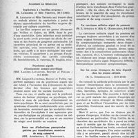 1267 - Page 1244 - Partie scientifique. L’actualité scientifique. Les Sociétés Savantes. Paris. Académie de Médecine. Septicémie à « bacillus serpens », (30-7-1940) / Psychoses aiguës d’épuisement somato-psychique, (9-7-1940) / Deux cas d’infections puerpérales guéries par transfusions massives de sang conservé, (23-7-1940) / La carcinose miliaire aiguë du poumon, (6-8-1940) / Sur les corps étrangers du tube digestif chez les jeunes enfants, (13-8-1940)