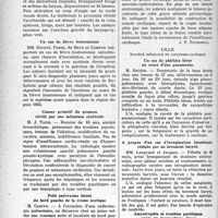 1311 - Page 1288 - Partie scientifique. L'actualité scientifique. Les Sociétés Savantes. Toulouse. Société de médecine. Laryngo-typhus chez une jeune fille de quinze ans / Un cas de fièvre boutonneuse / Cancer primitif du poumon révélé par une métastase cérébrale / Petit anévrysme latent du bord gauche de la crosse aortique / Symphyse péricardique ossifiante / Lille. Société médicale et anatomo-clinique. Un cas de phlébite bleue au cours d’une pneumonie / A propos d’un cas d’invagination intestinale, réduite par un lavement baryté / Amyotrophie et troubles parétiques après un traumatisme léger