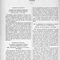 1495 - Page 1472 - Partie scientifique. L’actualité scientifique. Les Sociétés Savantes. Paris. Académie de médecine. A propos des troubles circulatoires au niveau des plus petits vaisseaux, (1-10-1940) / Académie de chirurgie. La solution d’antitoxine tétanique dans la prophylaxie du tétanos, (22-5-1940) / Sur le traitement des traumatismes crâniens, (22-5-1940)