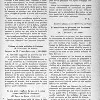 1496 - Page 1473 - Partie scientifique. L’actualité scientifique. Les Sociétés Savantes. Paris. Académie de chirurgie. Plaie du ventricule gauche par coup de couteau Suture. Guérison, (29-5-1940) / Ulcères perforés multiples de l’estomac, (29-5-1940) / Le son peut remplacer la gaze et le coton comme matériel de pansement, (29-5-1940) / Société médicale des Hôpitaux de Paris. La numération des globulins, test de défense anti-microbienne, (19-7-1940)