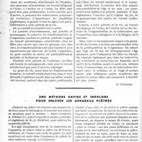 0071 - Page 68 - Travaux originaux. La clinique au goût du jour. La première menstruation peut-elle influencer le début clinique de la tuberculose, D’après le Professeur P. Nobécourt. Déductions pratiques [G. Fischer] / Une méthode rapide et indolore pour enlever les appareils plâtrés