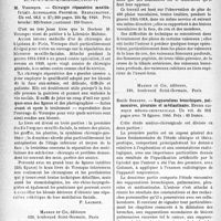 0273 - Page 270 - L’actualité scientifique. Les Livres. Chirurgie réparatrice maxillofaciale, par M. Virenque, Maloine, éditeur, Paris / Les plaies vasculaires récentes et leur traitement, par A Maurer, Masson et Cie, éditeurs, Paris / Suppurations bronchiques, pulmonaires, pleurales et médiastinales, par Emile Sergent, Masson et Cie, éditeurs, Paris