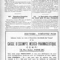 0295 - Page 292-LIV - Accidents du travail. Accident survenu à un ouvrier se rendant à son travail / Honoraires d'expertise accidents du travail / Le demi-salaire d’un accidenté du travail après 33 jours d’incapacité