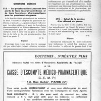 0406 - Page XLIX-403 - Questions diverses. Les pro pharmaciens peuvent être payés de leurs honoraires médicaux et de leurs fournitures pharmaceutiques pour les pensionnés de guerre / Calcul de la pension d'un réformé de guerre