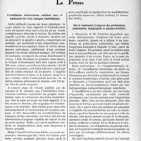 0516 - Page 513 - L’actualité scientifique. La Presse. L’instillation intraveineuse continue dans le traitement des états toxiques cholériformes [(Paris médical, 14 décembre 1940)] / Sur le traitement d’urgence des perforations pulmonaires, compliquant le pneumo artificiel [(La Presse médicale, 21 décembre 1940)]