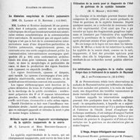 0905 - Page 902 - L'actualité scientifique. Les Sociétés Savantes. Paris. Académie de médecine. La dilatation congénitale de l’artère pulmonaire, (4-2-1941) / Méthode rapide pour le diagnostic microbiologique de la syphilis inapparente de la souris, (11-2-1941) / Utilisation de la souris pour le diagnostic de l’état de guérison de la syphilis humaine, (18-2-1941) / Les infiltrations des ganglions de la chaîne sympathique dans le traitement de la maladie de Raynaud, (25-2-1941) / L’iboga, drogue défatigante mal connue, (4-3-1941)