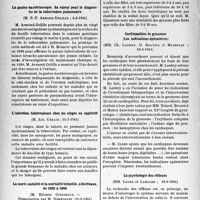 0999 - Page 996 - L'actualité scientifique. Les Sociétés Savantes. Paris. Académie de médecine. La gastro-bactérioscopie. Sa valeur pour le diagnostic de la tuberculose pulmonaire, (4-3-1941) / L’infection tuberculeuse chez les singes en captivité, (11-3-1941) / La morti-natalité et la mortalité infantile, à Bordeaux, de 1928 à 1940, (11-3-1941) / Cardiopathies et grossesse (Les indications opératoires), (18-3-1941) / La psychologie des réflexes, (18-3-1941)