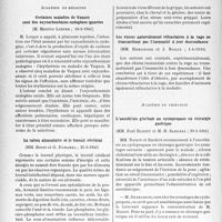 1047 - Page 1044 - L'actualité scientifique. Les Sociétés Savantes. Paris. Académie de médecine. Certaines maladies de Vaquez sont des oxycarbonémies endogènes ignorées, (18-3-1941) / La ration alimentaire et le travail cérébral, (25-3-1941) / Préparation d’un sérum anti-virus grippal, (1-4-1941) / Les chiens naturellement réfractaires à la rage ne transmettent pas l’immunité à leur descendance, (1-4-1941) / Académie de chirurgie. L’anesthésie générale au cyclopropane en chirurgie gastrique, (29-1-1941)