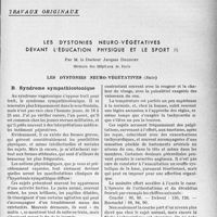 1078 - Page 1075 - Partie scientifique / Travaux originaux. Les dystonies neuro-végétatives devant l’éducation physique et le sport, par M. le Docteur Jacques Decourt. Les dystonies neuro végétatives (suite). Syndrome sympathicotonique