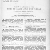 1244 - Page 1233 - Partie scientifique / Travaux originaux. Faculté de médecine de Paris. Clinique des maladies mentales et de l'encéphale. Présentation de malades du 15 février 1941, (Trois mélancoliques), par M. le Professeur Laignel-Lavastine, rédigée par M. Lionel Vidart. Mélancolie anxieuse et syndrome persécutif mal systématisé