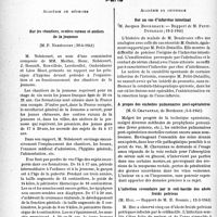 1255 - Page 1244 - L'actualité scientifique. Les Sociétés Savantes. Paris. Académie de médecine. Sur les chantiers, centres ruraux et ateliers de la jeunesse, (29-4-1941) / Académie de chirurgie. Sur un cas d’infarctus intestinal, (19-2-1941) / A propos des embolies pulmonaires post-opératoires, (5-3-1941) / L’infection secondaire par le coli-bacille des abcès froids pelviens, (12-3-1941)