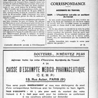 1320 - Page XLIII-1309 - Echos et commentaires. Une grave menace en matière d’assurances sociales — Médecins étrangers — Immeubles sinistrés — Installation des médecins militaires — Le médecin d’un hôpital public est-il un fonctionnaire ? — Sanitaires prisonniers / Correspondance / Accidents du travail. L'insolation est-elle un accident du travail