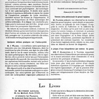 1651 - Page 1640 - L'Actualité scientifique. Les Sociétés Savantes. Paris. Société de médecine de Paris, (26-4-1941). Les spasmes vasculaires dans l’hypertension / Quelques notions pratiques sur l’extra-systole / Société des chirurgiens de Paris, Séance du 20 Juin 1941. Torsion intra-abdominale du grand épiploon / Les Livres. Prophylaxie des maladies contagieuses, par R. Dujarrie de la Rivière, le mouvement sanitaire et Librairie le françaisois, Paris