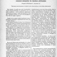 1923 - Page 1910 - La clinique obstétricale au goût du jour. Chez une nouvelle accouchée comment interpréter les réactions péritonéales, d’après le Professeur C. Jeannin. Trouble fonctionnel ou lésion para-péritonéale, peut-être péritonite