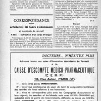 1987 - Page 1974-XLVI - La responsabilité des médecins vaccinateurs — Approvisionnement en charbon — Tarif des Assurances sociales — Ressortissants des Caisses-maladie allemandes. — La réforme hospitalière / Correspondance / Application des tarifs d’honoraires. Accidents du travail. Extraction d’un corps étranger