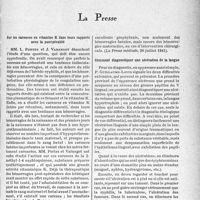 2062 - Page 2049 - L’actualité scientifique. La Presse. Sur les carences en vitamine K dans leurs rapports avec la puerpéralité [(La Presse médicale, 26 juillet 1941)] / Comment diagnostiquer une ulcération de la langue [(Gazette médicale de France, septembre 1941)]
