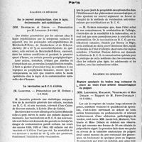 2115 - Page 2102 - L'actualité scientifique. Les Sociétés Savantes. Paris. Académie de médecine. Sur le pouvoir prophylactique, chez le lapin, des pommades anti-syphilitiques, (5-8-1941) / La vaccination au B. C. G. à Liévin, (5-8-1941) / Vaccinations anti-tuberculeuses au B. C. G. par scarifications, (19-8-1941) / Académie de chirurgie. Rupture spontanée du tendon long extenseur du pouce au cours d’une arthrite blennorrhagique du poignet, (11-6-1941)