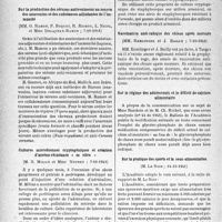 2271 - Page 2258 - L’actualité scientifique. Les Sociétés Savantes. Paris. Académie de médecine. Sur la production des sérums antivenimeux au moyen des anavenins et des substances adjudantes de l’immunité, (7-10-1941) / Cultures microbiennes cryptogéniques et création d’arséno-résistance « in vitro », (7-10-1941) / Vaccination anti-rabique des chiens après morsure, (7-10-1941) / Sur le régime des adolescents et le déficit de calcium alimentaire / Sur la pratique des sports et la sous-alimentation, (14-10-1941)