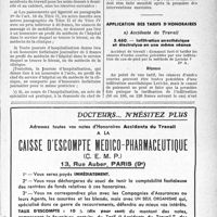 2296 - Page LXI-2283 - Accidents du travail. Obligations du patron responsable en cas d’hospitalisation d'un accidenté du travail / Application des tarifs d’honoraires. Accidents du Travail. Infiltration anesthésique et électrolyse en une même séance