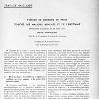 2310 - Page 2297 - Partie scientifique / Travaux originaux. Faculté de médecine de Paris. Clinique des maladies mentales et d’encéphale, par M. le Professeur Laignel-Lavastine. État maniaque secondaire à un syndrome confuso-onirique apparu à la suite d’un accouchement
