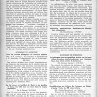 0031 - Page 14 - Partie scientifique. Les sociétés savantes. Académie des sciences. Influence défatigante de l'inhalation de mélanges riches en oxygène, (11-6-1945) / Académie de médecine. Étude de l'action biologique du bacillus subtilis, (5-6-1945) / Sur la teneur en bacilles de Koch et en bacilles de Bang des laits mis en vente dans la région parisienne, (19-6-1945) / Le métabolisme de base et la dépense de fond des personnes âgées : leurs variations, (3-7-1945) / Production expérimentale d'oedèmes par déséquilibre alimentaire, (3-7-1945) / Académie de chirurgie. Le traitement des ostéomyélites aiguës par la pénicilline. Premiers résultats obtenus par l'incision large des abcès suivie de fermeture, (13-6-1945) / Considérations sur l'ulcère de l'estomac au Maroc, d'après l'étude de 190 observations, (13-6-1945)