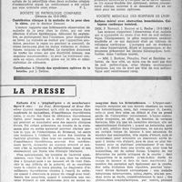 0032 - Page 15 - Partie scientifique. Les sociétés savantes. Académie de chirurgie. Arthrite suppurée à streptocoque du cou-de-pied traité par la pénicilline, (13-6-1945) / Société de pathologie comparée, (Séance du 13-3-1945). Contribution clinique à la maladie de la peur chez le chien / Contribution à l'étude des syndromes aphteux de la bouche / Société médicale des hôpitaux de Lyon. Asthme mortel avec obstruction bronchiolaire. Collapsus cardiaque terminal, (13-2-1945) / La presse. Enfants dits « lymphatiques » et nonchalance thyroïdienne [(La Presse Médicale, 6 octobre 1945.)] / La valeur diagnostique du taux d’éosinophilie sanguine dans les helminthiases [(La Presse Médicale, 6 octobre 1945)]