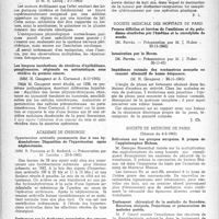 0063 - Page 46 - Partie scientifique. Les sociétés savantes. Académie de médecine. Correction par les sucres des effets excitants de la caféine ou de la théobromine sur le système nerveux, (3-7-1945) / Les longues incubations de récidives d'épithélioma, ganglionnaire, régionale ou métastatique, sans récidive du premier cancer, (6 - 11-1945) / Académie de chirurgie. Hypertension artérielle permanente due à une hydronéphrose. Disparition de l'hypertension après néphrectomie, (20-6-1945) / Traitement par la diathermo-coagulation des cancers ano-rectaux extériorisés au périnée, '20-6-1945) / Société médicale des hôpitaux de Paris. Formes difficiles et larvées de l'amibiase et du paludisme réactivées par l'émétine et le cacodylate de soude, (30-11-1945) / Intoxication par le Novar, (30-11-45) / Impédance cutanée des eczémateux mesurée en courant alternatif de basse fréquence, (30-11-1945) / Société de médecine de Paris, (Séance du 4-3-1945). Réflexions sur les groupes sanguins. À propos de l'agglutinogène Rhésus / Traitement chirurgical de la maladie de Basedow. Résultats éloignés, projections et présentation de malades guéris