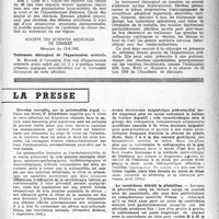 0096 - Page 79 - Partie scientifique. Les sociétés savantes. Réunion lyonnaise de la société française de dermatologie et de syphiligraphie. Séance du 19-4-1945. Le traitement de Charpy dans un cas de maladie de Besnier-Boeck et dans un cas de sarcoïdes hypodermiques / Un cas d'arsenicisme professionnel / Société des sciences médicales de Gannat. Réunion du 15-4-1945. Traitement chirurgical de l'hypertension artérielle / La presse. Données nouvelles sur la poliomyélite aiguë [(Bruxelles Médical, 9 septembre 1945)] / Le diagnostic précoce du cancer de l’estomac [(Journal de Médecine et de Chirurgie pratiques, avril 1945)] / Le caoutchouc détruit la pénicilline [(Médecine et Hygiène, 15 décembre 1945)]