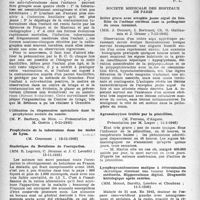 0191 - Page 174 - Partie scientifique. Les sociétés savantes. Académie de médecine. Sur la prophylaxie anti-tuberculeuse dans l’enfance, (6-11-1945) / Utilisation de dispensaires spécialisés dans la prophylaxie sociale du cancer, (6-11-1945) / Prophylaxie de la tuberculose dans les écoles de Lyon, (13-11-1945) / Statistique du Botulisme de l’occupation, (13-11-1945) / Société médicale des hôpitaux de Paris. Ictère grave avec atrophie jaune aiguë du foie. Rôle de l’oedème cérébral dans la pathogénie du coma terminal, (7-12-1945) / Agranulocytose traitée par la pénicilline, (11-1-1946) / Lymphogranulomatose maligne à détermination thoracique simulant une tumeur bénigne du médiastin. Hippocratisme digital. Diagnostic histologique après exérèse, (11-1-1946)