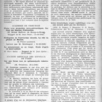 0359 - Page 342 - Partie scientifique. Les sociétés savantes. Académie de médecine. Synergie de la pénicilline et du bismuth dans le traitement de la syphilis expérimentale, (15-1-1946) / Académie de chirurgie. Plaies avec projectiles intra-péricardiques. Sur deux cas heureux d’extraction, (31-10-1945) / Pathogénie de l’anévrysme cirsoïde. Le rôle du glomus de Masson, (31-10-1945) / La pneumotomie en un temps. Étude d’après 54 interventions, (21-11-1945) / Société médicale des hôpitaux de Paris. Sur une forme rare de splénomégalie tuberculeuse, (18-1-1946) / A propos d’un cas de distomatose hépatique, (18-1-1946) / Septicémie à staphylocoques. Thrombophlébite double des sinus caverneux. Guérison par la Pénicilline, (1-2-1946) / Ictère hémolytique, acquis syphilitique avec anémie intense guéri par les Arsénones, (1-2-1946)
