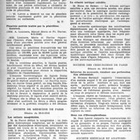 0395 - Page 378 - Partie scientifique. Les sociétés savantes. Société médicale des hôpitaux de Paris. Pyo-pneumothorax putride, traitement par la pénicilline, guérison, (1-2-1946) / Pleurésie putride traitée par la pénicilline, (8-2-1946) / Société de médecine de Paris. Séance du 29-6-1945. Les enfants mongoloïdes / La sténose aortique calcifiée / Société des chirurgiens de Paris. Séance du 18-5-1945. Infarctus du myocarde, simulant une perforation abdominale / Deux cas d’Hermaphrodisme / Société médicale et anatomo-clinique de Lille. Séance du 24-7-1945. Hématurie et hypertrophie prostatique