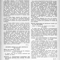 0463 - Page 446 - Partie scientifique. Les sociétés savantes. Académie de médecine. Éclosion de nouveaux foyers d’amibiase autochtone dans la région marseillaise, (5-2-1946) / Société médicale des hôpitaux de Paris Fièvre par morsure de furet, (8-2-1946). Méningite à pneumocoques traumatique chez une malade porteuse d’un ostéome du sinus frontal, (8-2-1946) / Deux cas d’endocardite infectieuse maligne traités par la pénicillinothérapie à haute dose. Premiers résultats, (8-2-1946) / Maladie hémolytique du nouveau-né traitée par du sang Rh positif, (15-2-1946) / L’Acide para-amino-benzoïque en thérapeutique, (15-2-1946) / Société de médecine de Paris. Séance du 27 octobre 1945. Premiers résultats de la radiothérapie des cancers avec désensibilisation de la peau