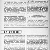 0464 - Page 447 - Partie scientifique. Les sociétés savantes. Société de médecine de Paris. Séance du 27 octobre 1945. Premiers résultats de la radiothérapie des cancers avec désensibilisation de la peau / Le forage de la prostate / Les trachéites spasmodiques hypertensives / Société des chirurgiens de paris. Séance du 19 octobre 1945. La résection arthroplastique du coude après les plaies de guerre / Société médicale et anatomo-clinique de Lille. Un cas de paludisme autochtone à Lille, (16-10-45) / La presse. Recherches sur l’oxycarbonisme chronique [(Arch. des Mal. professionnelles, tome 6 n° 1, 1944- 45)] / Polynévrites et névrites après sulfamidothérapie [(Bruxelles-Médical, 3 mars 1946)]