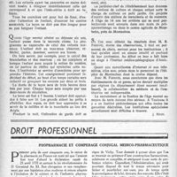 0531 - Page 514 - Partie professionnelle. Propos du jour. Assistance des enfants arrièrés. Le centre médico-pédagogique de mont Auban [J. Noir] / Droit professionnel. Propharmacie et compérage conjugal médico-pharmaceutique